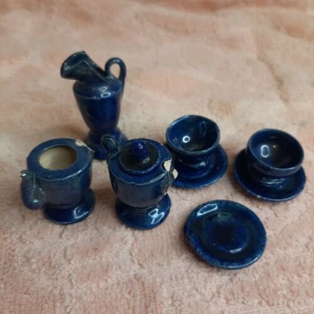 Vtg 8 pc dollhouse miniature tea set cobalt blue glaze pottery dishes
